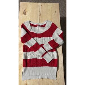 SO Red White Striped Metallic Cable Knit Scoop Neck‎ Sweater Womens Large L